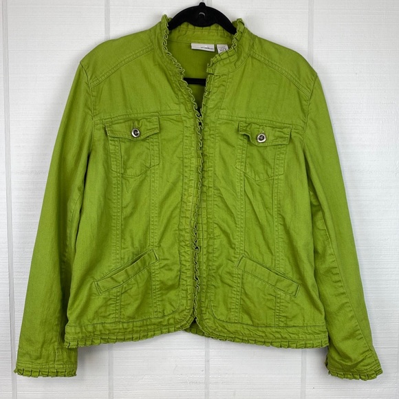 Chico’s Platinum Green Denim Jacket Ruffle Trim Silver Hardware Size 2 - Picture 1 of 7